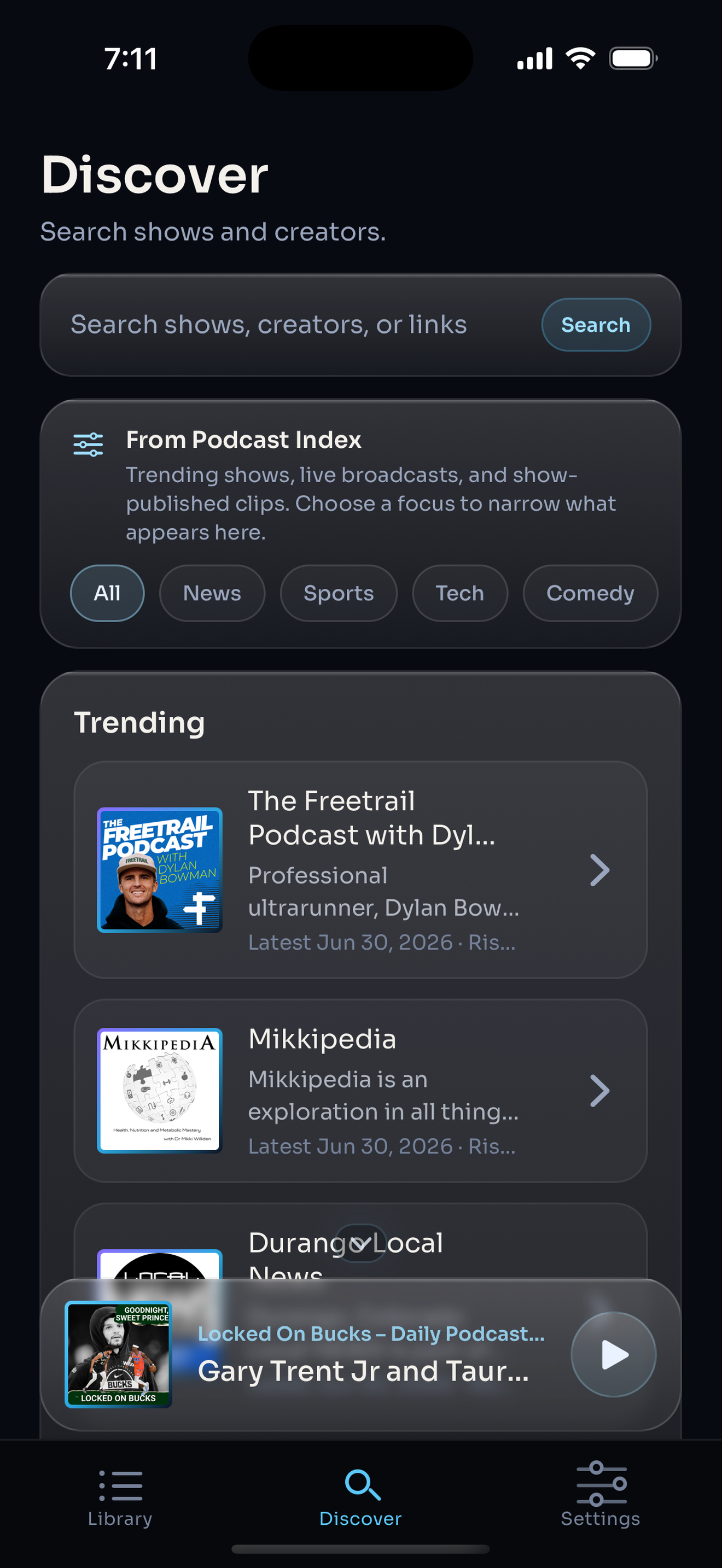 Vibral Discover screen with Podcast Index sections